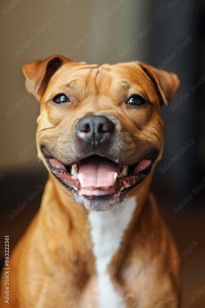Happy pitbull with a big smile in a home environment.. Happy pitbull with a big smile in a home environment..
