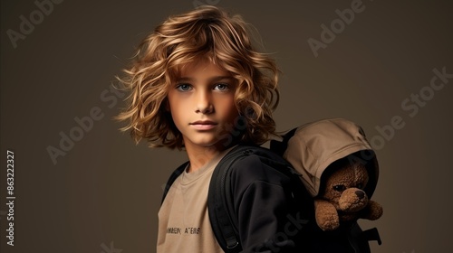 Thoughtful student with backpack holding textbook, isolated on beige backgroundeducation concept. photo