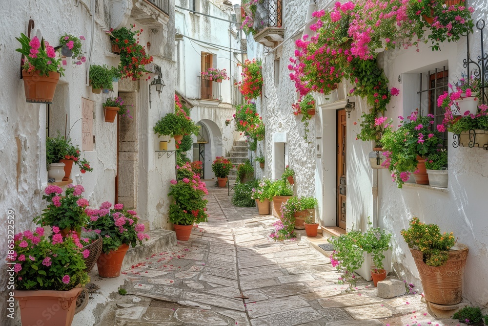 A picturesque village in the Mediterranean, with narrow streets, white-washed buildings, and blooming flowers. A picturesque village in the Mediterranean, with narrow streets, white-washed buildings, and blooming flowers.
