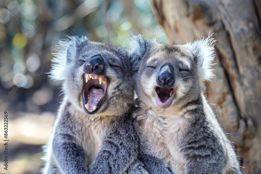 Two koalas with their mouths open, one appearing to laugh and the other smiling, hugging each other in a blurred background. Two koalas with their mouths open, one appearing to laugh and the other smiling, hugging each other in a blurred background.