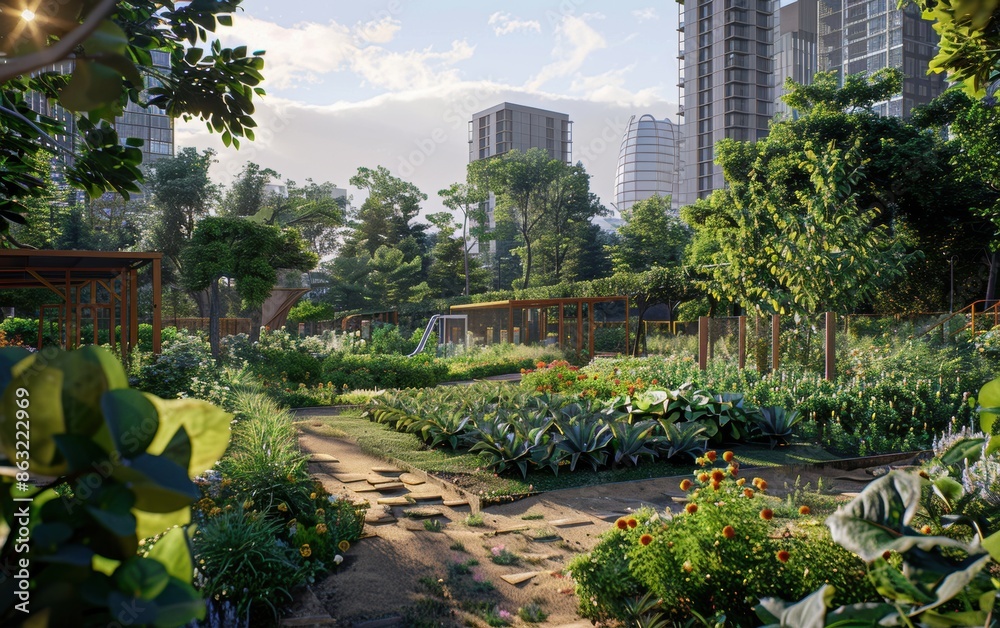 Urban community garden flourishing under a bright sky with tall buildings in the background Urban community garden flourishing under a bright sky with tall buildings in the background