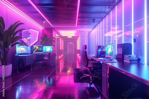 Futuristic Cyberpunk Office with Neon Lights: Open Space Metaverse Concept