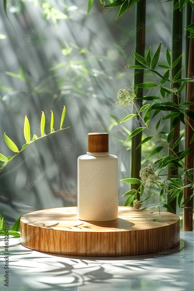 Elegant skincare bottle on wooden platform surrounded by lush green foliage in a sunlit setting. Elegant skincare bottle on wooden platform surrounded by lush green foliage in a sunlit setting.