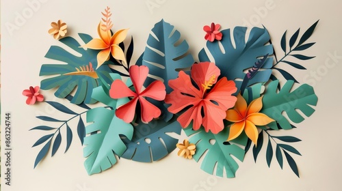 Colorful Tropical Flower background in a paper-cut art style.