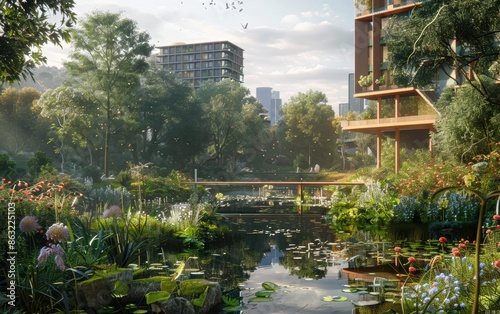 Serene urban garden with water lilies and modern buildings in the background at midday