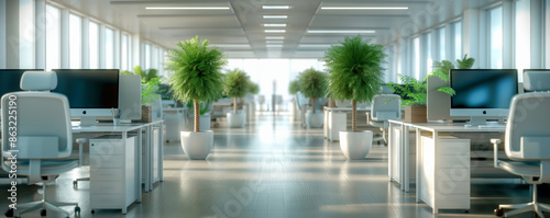 A contemporary open-plan office featuring desks with computers, ergonomic chairs, and abundant greenery under natural light, promoting a healthy and productive work environment. photo