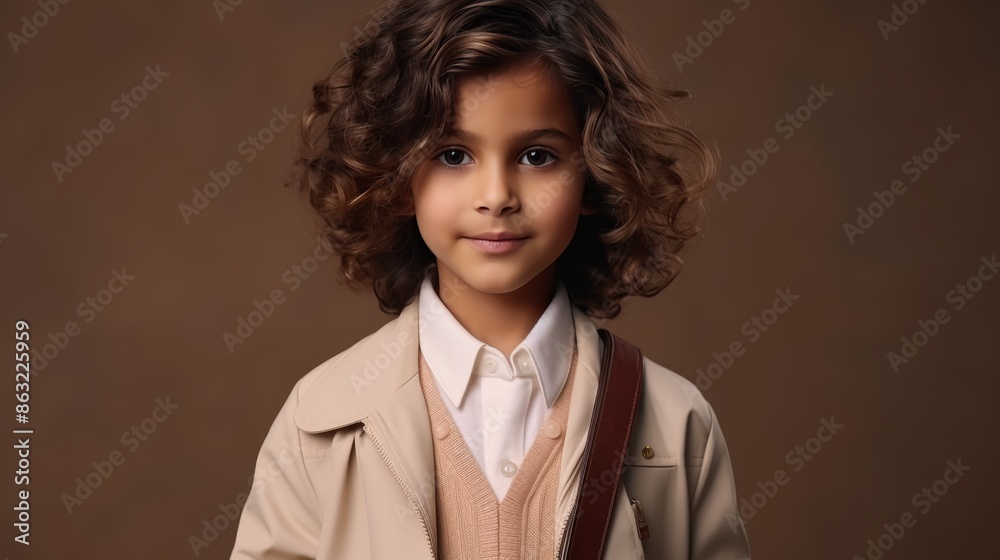 Contemplative student with textbook and backpack on beige background, education concept Contemplative student with textbook and backpack on beige background, education concept
