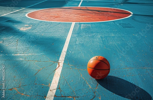 Orange Basketball on Blue Court With White Lines in Daylight