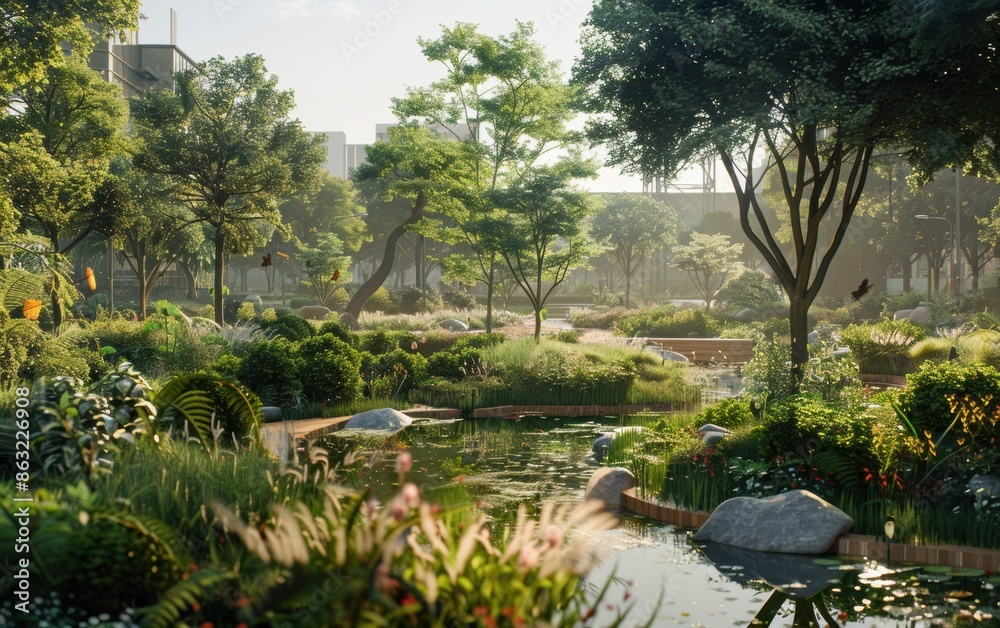 Serene garden landscape with lush greenery, water features, and soft sunlight in an urban setting Serene garden landscape with lush greenery, water features, and soft sunlight in an urban setting