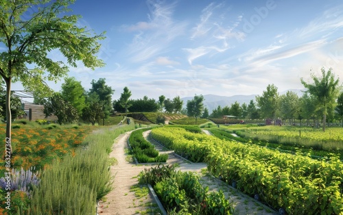 A lush garden with winding paths and vibrant greenery on a sunny day