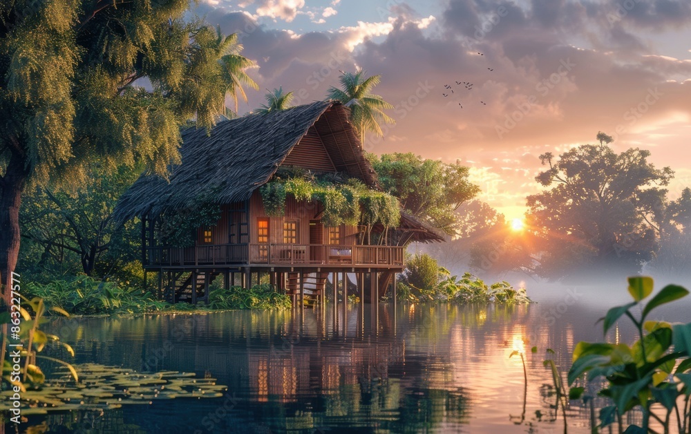 Fototapeta premium A climate-resilient home in a flood-prone area, elevated on stilts, thatched roof, bamboo and wood materials, integrated water purification system, surrounded by a lush tropical garden