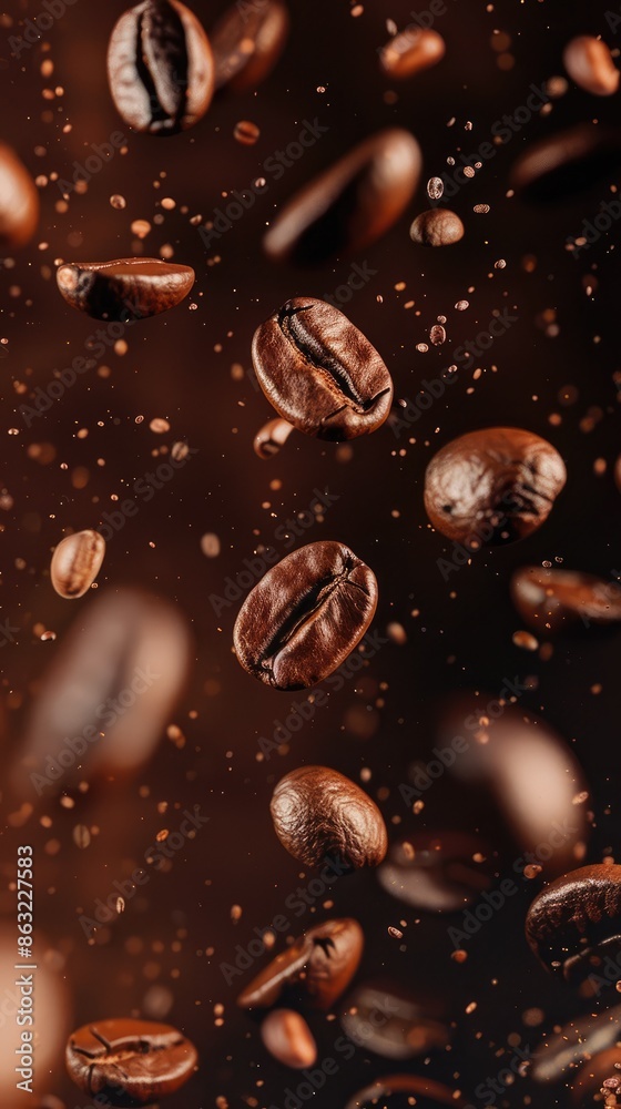 Dark-brown roasted coffee beans in freeze flying in air against dark brown background Dark-brown roasted coffee beans in freeze flying in air against dark brown background