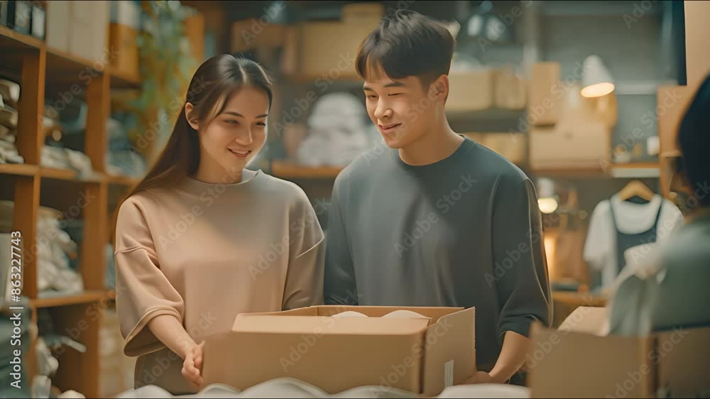 Young Asian woman and businessperson Cardboard boxes are used to bundle clothing for delivery to clients. Young Asian woman and businessperson Cardboard boxes are used to bundle clothing for delivery to clients.