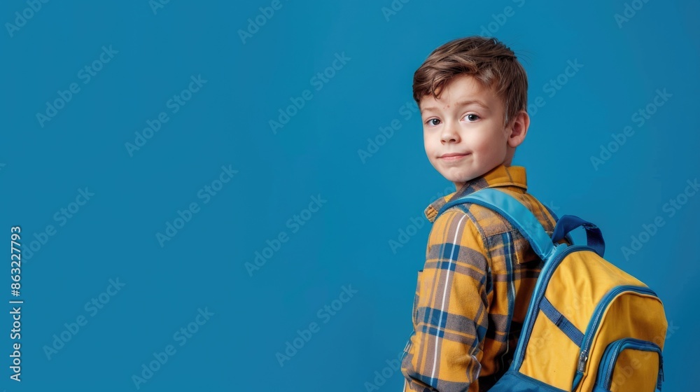 A cheerful smiling little boy with a backpack is having fun on the background of a blue wall and points to your text. The concept of the school. back to school. A cheerful smiling little boy with a backpack is having fun on the background of a blue wall and points to your text. The concept of the school. back to school.