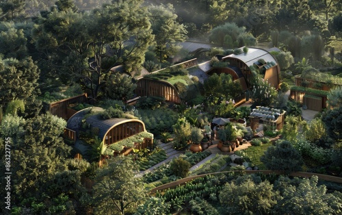 Sustainable eco-village with solar panels and lush greenery in a serene forested area photo