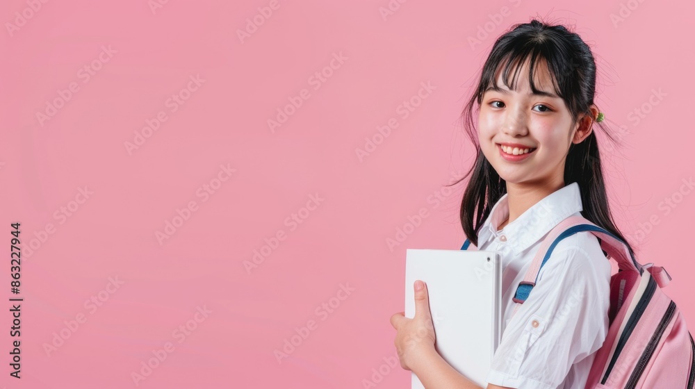 A cheerful smiling asian little girl with a backpack is having fun on the background of a pink wall and points to your text. The concept of the school. back to school. A cheerful smiling asian little girl with a backpack is having fun on the background of a pink wall and points to your text. The concept of the school. back to school.