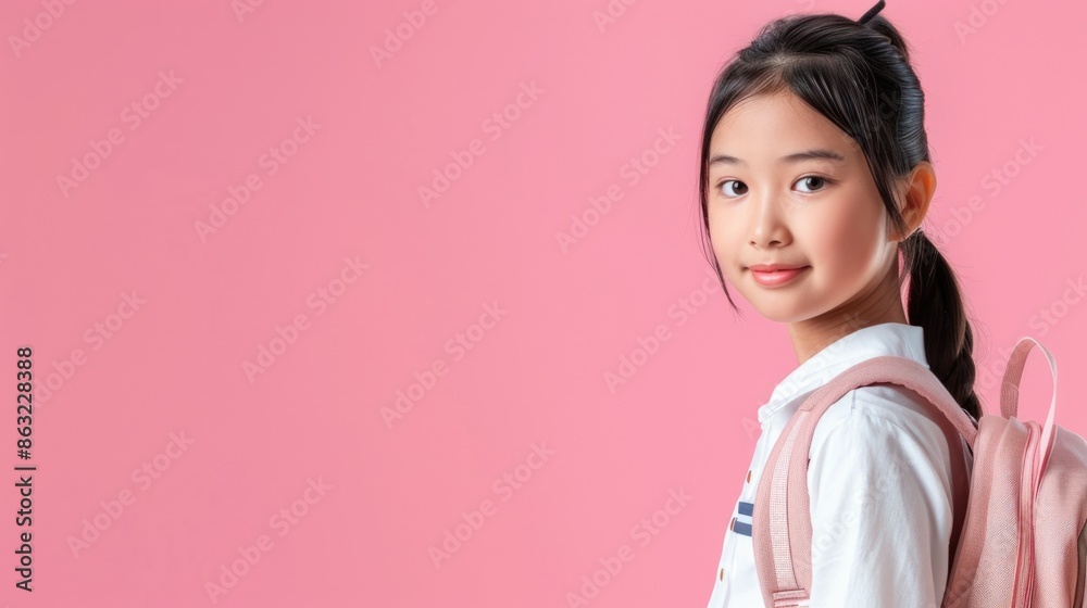 A cheerful smiling asian little girl with a backpack is having fun on the background of a pink wall and points to your text. The concept of the school. back to school. A cheerful smiling asian little girl with a backpack is having fun on the background of a pink wall and points to your text. The concept of the school. back to school.