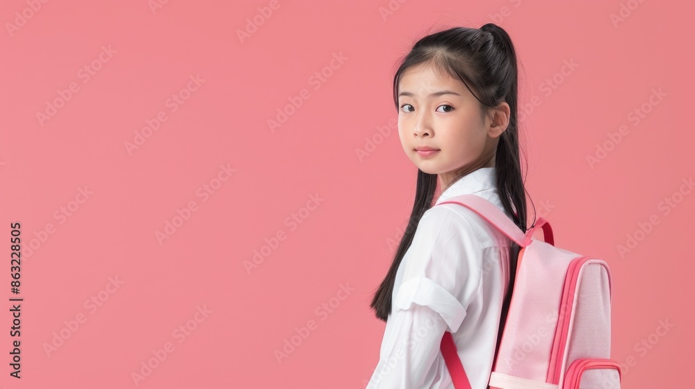 A cheerful smiling asian little girl with a backpack is having fun on the background of a pink wall and points to your text. The concept of the school. back to school. A cheerful smiling asian little girl with a backpack is having fun on the background of a pink wall and points to your text. The concept of the school. back to school.
