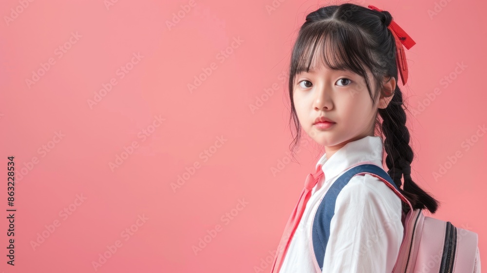 A cheerful smiling asian little girl with a backpack is having fun on the background of a pink wall and points to your text. The concept of the school. back to school. A cheerful smiling asian little girl with a backpack is having fun on the background of a pink wall and points to your text. The concept of the school. back to school.