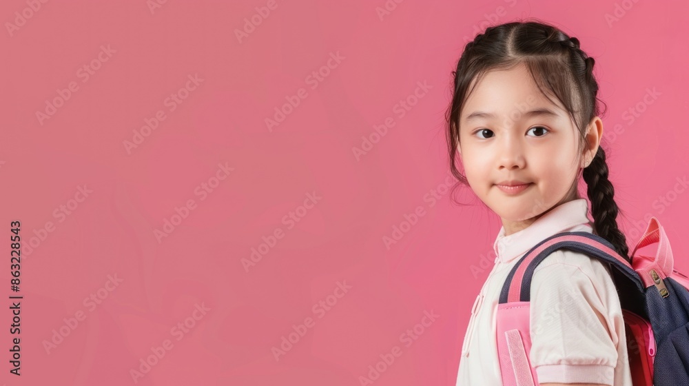 A cheerful smiling asian little girl with a backpack is having fun on the background of a pink wall and points to your text. The concept of the school. back to school. A cheerful smiling asian little girl with a backpack is having fun on the background of a pink wall and points to your text. The concept of the school. back to school.