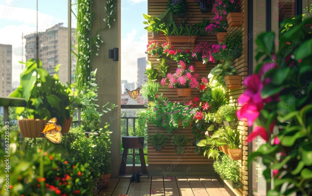 Fototapeta premium A rewilded balcony with a variety of potted plants, hanging gardens, and a small water feature; butterflies and birds visiting, creating a vibrant ecosystem
