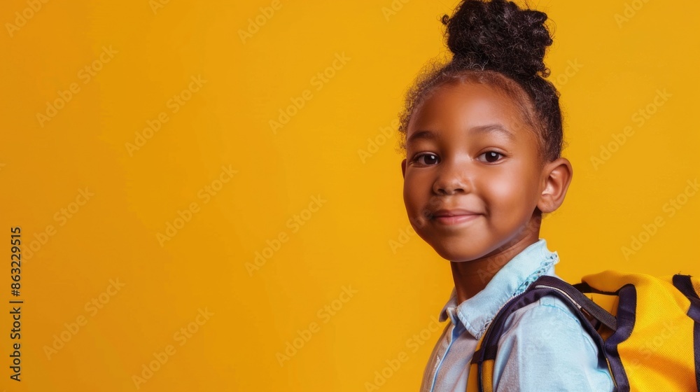 A cheerful smiling black little girl with a backpack is having fun on the background of a yellow wall and points to your text. The concept of the school. back to school.