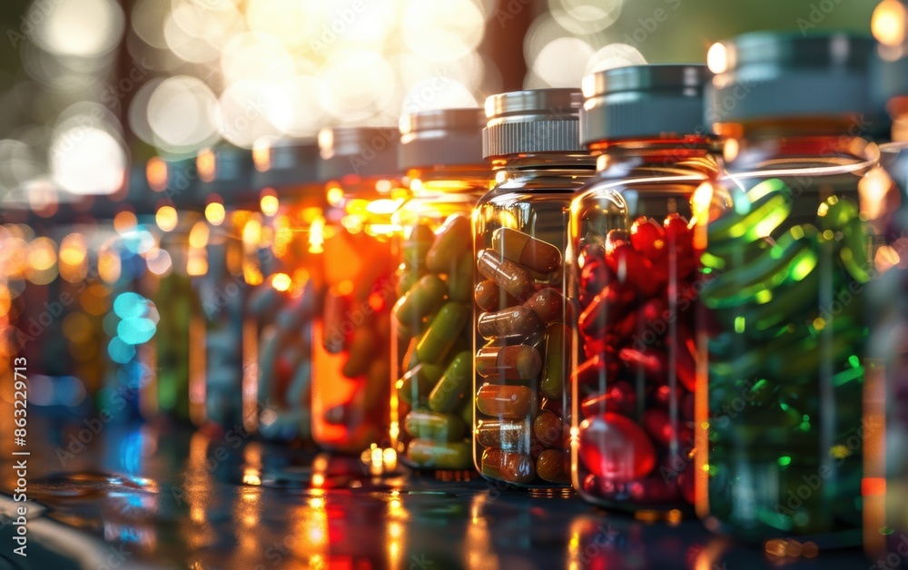 Colorful Vitamins and Supplements in Glass Bottles on the Shelf Colorful Vitamins and Supplements in Glass Bottles on the Shelf