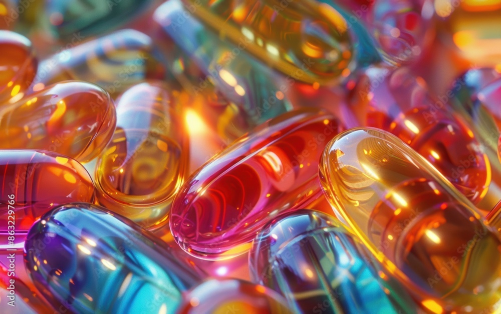 Detailed macro shot of vitamin capsules, transparent and colorful, soft lighting with reflections Detailed macro shot of vitamin capsules, transparent and colorful, soft lighting with reflections