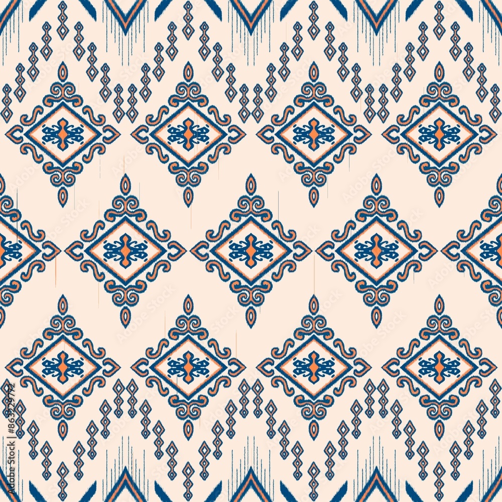 Fototapeta premium Traditional fabric pattern, Ikat style, simple lines. and geometric shapes on a cream background