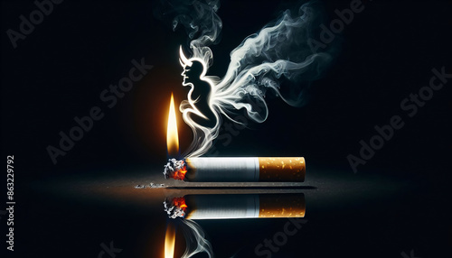 Der Raucher - Teufel. Eine brennende Zigarette, auf der symbolisch ein aus Qualm geformert Teufel sitzt, Anti Raucher Konzept photo