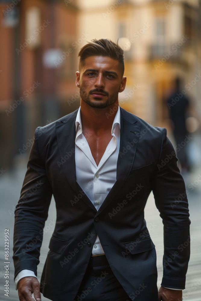 Stylish and well-dressed businessman walking in downtown area. Handsome and fit professional. Successful CEO Stylish and well-dressed businessman walking in downtown area. Handsome and fit professional. Successful CEO
