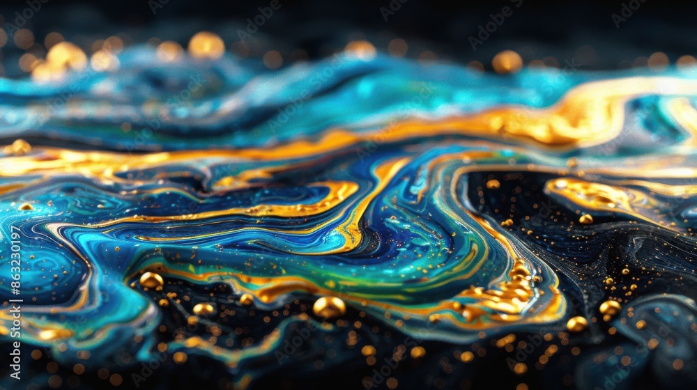 A mesmerizing abstract image featuring blue liquid ink churning together with golden streaks, creating a dynamic and fluid texture with vivid colors and sparkling highlights. A mesmerizing abstract image featuring blue liquid ink churning together with golden streaks, creating a dynamic and fluid texture with vivid colors and sparkling highlights.
