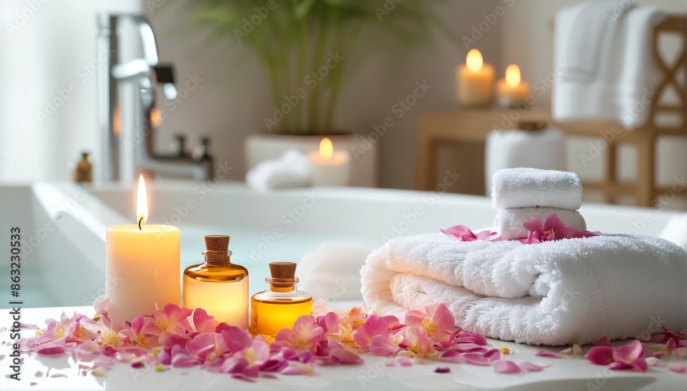 Spa background towel bathroom white luxury concept massage candle bath. Relax aromatherapy flower accessory zen therapy aroma beauty setting table salt oil Spa background towel bathroom white luxury concept massage candle bath. Relax aromatherapy flower accessory zen therapy aroma beauty setting table salt oil