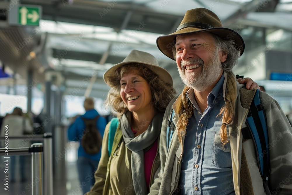 Smiling travelers at an airport terminal, ready for their next adventure, wearing hats and backpacks. Smiling travelers at an airport terminal, ready for their next adventure, wearing hats and backpacks.