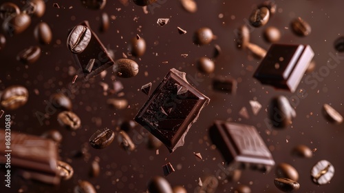 coffee beans and pieces, chocolate bars in freeze flying in air against dark brown background