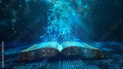 Binary Book Illuminating the Digital Frontier with Holographic Data Network Futuristic and Magical Stock Image for Digital Education and Technology Concepts