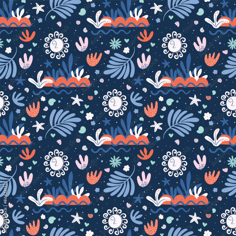 Boho Summer seamless pattern on navy backdrop. Tropical island sunset aesthetic. Summertime beach vacation background. Hand drawn dark colored vector illustration.
Boho Summer seamless pattern on navy backdrop. Tropical island sunset aesthetic. Summertime beach vacation background. Hand drawn dark colored vector illustration.