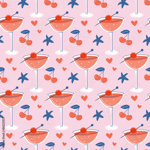 Cocktail seamless pattern. Retro background with glass of refreshing drink. Summer beach vacation concept. Flat style vector illustration.