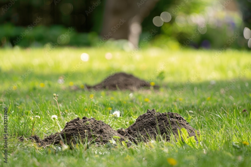 A field of rough grass with two molehills A field of rough grass with two molehills