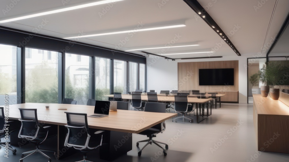 An elegant and minimalist co-working office interior, emphasizing an open-plan design with long communal tables and ergonomic chairs. An elegant and minimalist co-working office interior, emphasizing an open-plan design with long communal tables and ergonomic chairs.