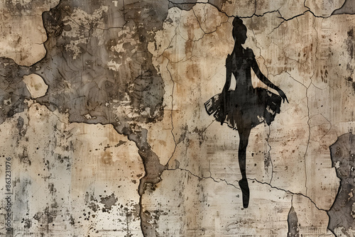 textured shabby and cracked wall on which a silhouette of a ballerina with watercolor elements is drawn photo wallpaper