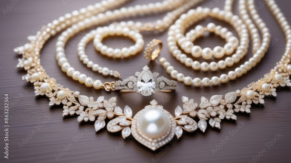 An image portraying an assortment of elegant bridal jewelry on a delicate lace background. An image portraying an assortment of elegant bridal jewelry on a delicate lace background.