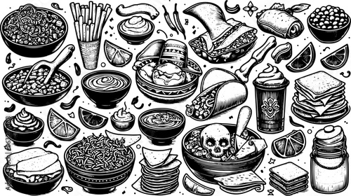 Outline Set of Mexican Food 