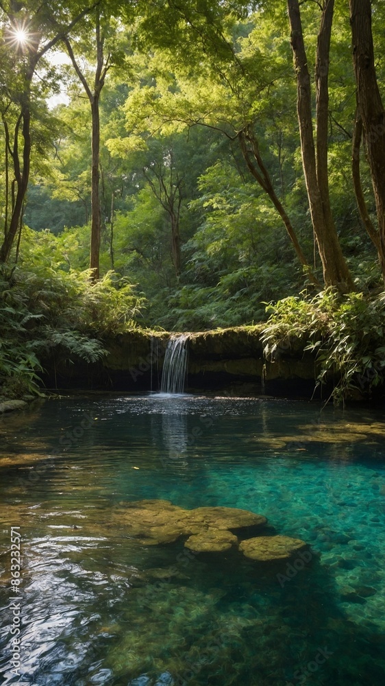 Naklejka premium Waterfall cascades gently into crystal-clear pool surrounded by lush greenery. Tall trees with vibrant green leaves create canopy, allowing sunlight to filter through, illuminate scene.
