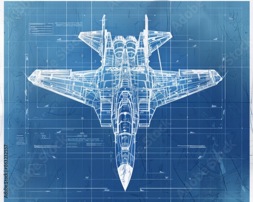 A blueprint design of a fighter jet on a blue grid background.