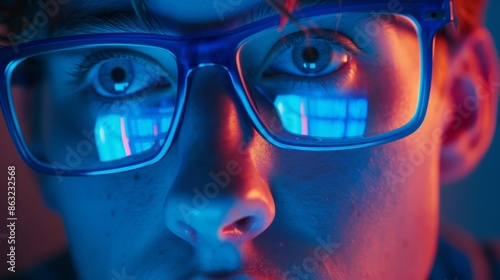 Wallpaper Mural The light from computers reflects off of spectacles. Working late at night on a laptop is coder, or programmer. pensive, concentrated man in the dark. Torontodigital.ca