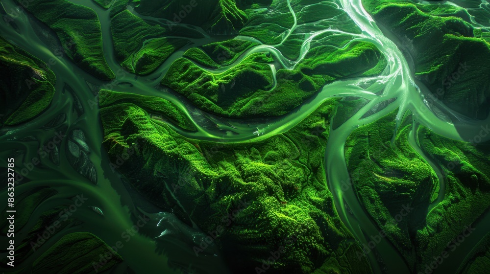 A stunning aerial view of a river delta featuring vibrant, lush green vegetation intertwined with winding waterways. The lush landscape is bathed in organic patterns and vivid hues. A stunning aerial view of a river delta featuring vibrant, lush green vegetation intertwined with winding waterways. The lush landscape is bathed in organic patterns and vivid hues.