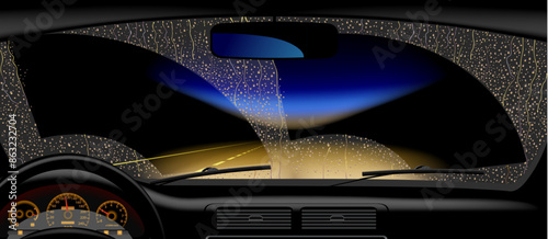 Windshield frame сovered with rain drops against the backdrop of night road from inside the car. Web banner, poster and billboard design. Vector 
illustration. 