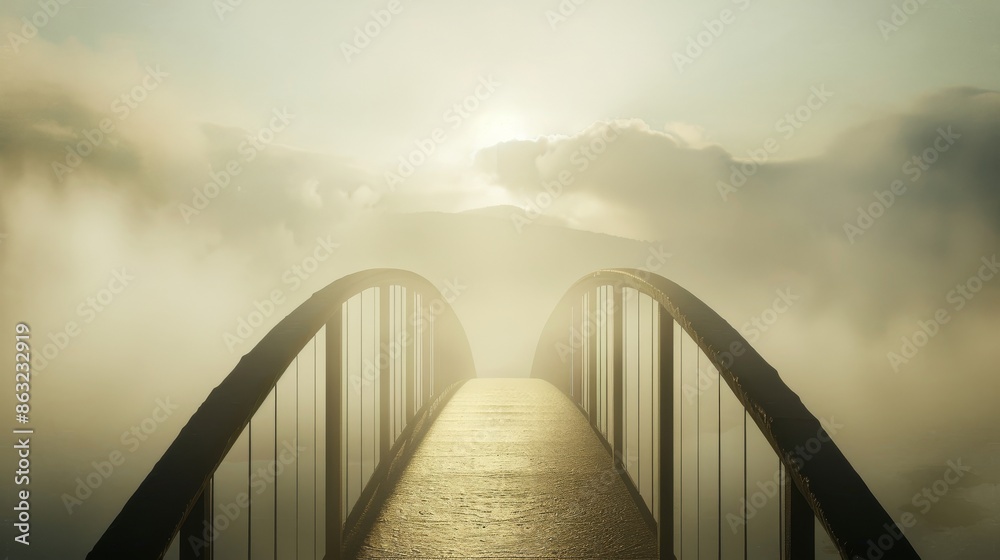 Obraz premium A bridge leading towards a bright light through the clouds, symbolizing hope, faith, and the unknown.