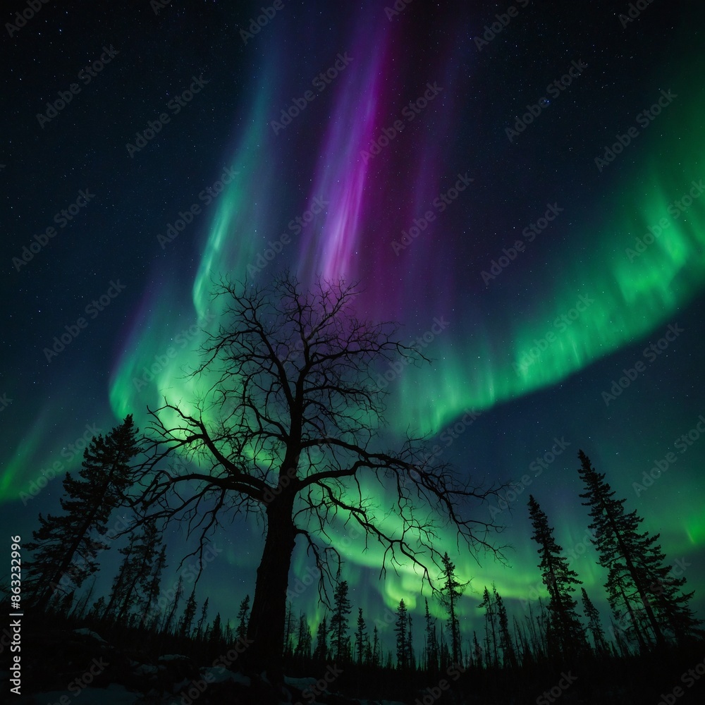 Main action display of northern lights in night sky. Image captures vibrant green, purple auroras dancing across sky, illuminating landscape below. Main action display of northern lights in night sky. Image captures vibrant green, purple auroras dancing across sky, illuminating landscape below.